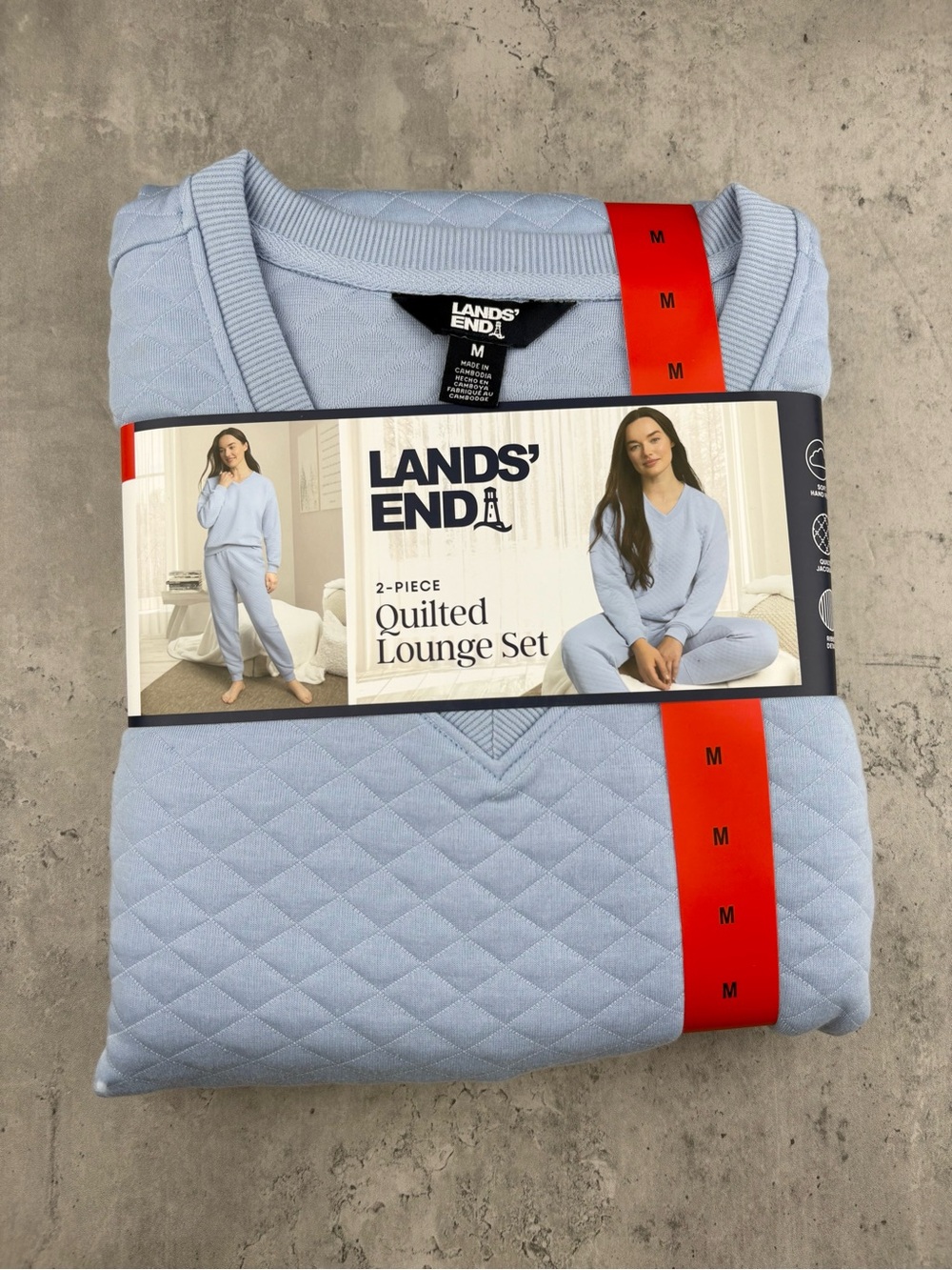 Lands' End Women's Quilted Lounge Set Blue Knit Polyester Spandex Size M 2-Piece